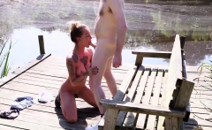 Busty femdom tugging guy outdoors for spunk