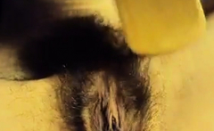 My girl brushes her hairy pussy