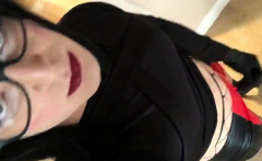 Nasty crossdresser plays with her latex gurl cock and cums