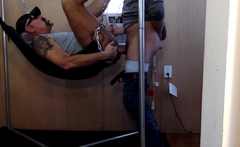 Real gaydaddy fucked in sling by stud